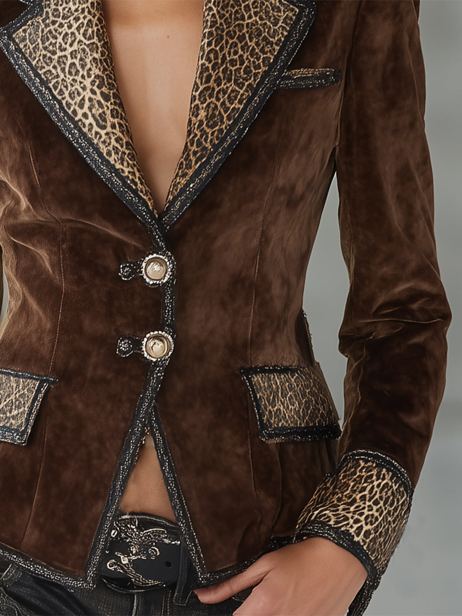 Western-Style Leopard Print Webbing Button with Faux Suede