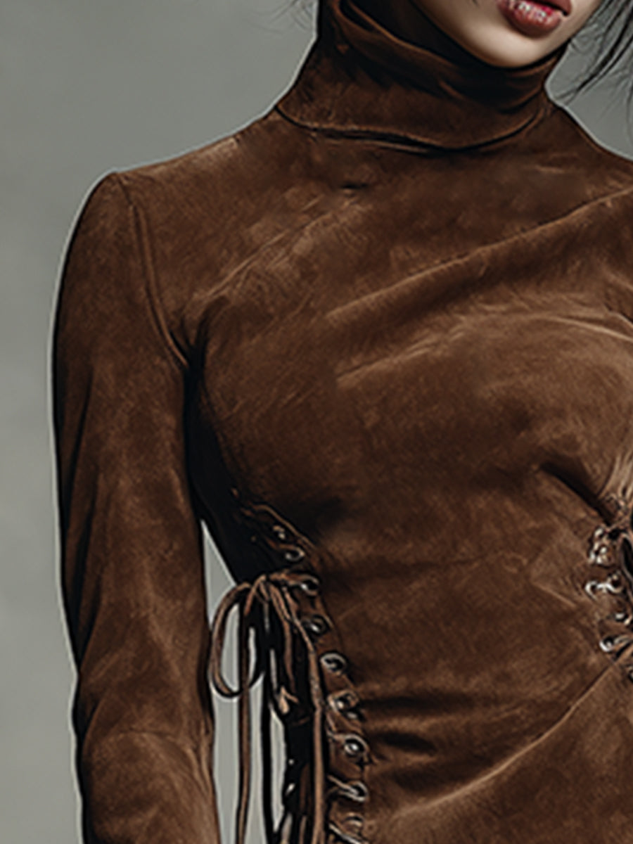 Robe Mini en Faux Suède Chocolat avec Détails Lacés et Col Montant Rétro-Chic