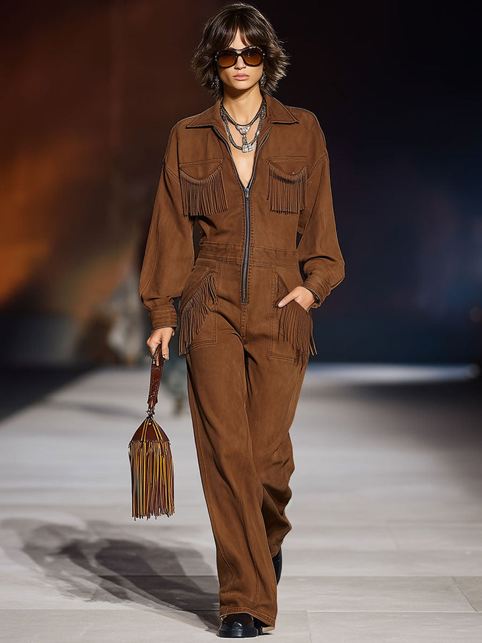 Combinaison en Denim Caramel Rétro avec Poches Frangées, Manches Longues et Jambes Amples