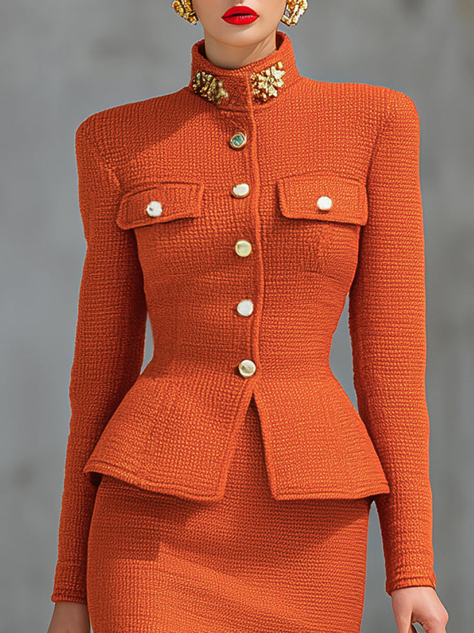 Ensemble Chic : Cardigan Tricoté à Col Montant et Jupe
