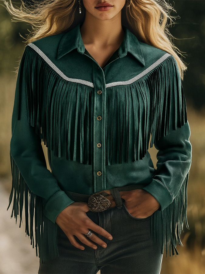 Chemise Bohémienne en Suède à Franges - Col Revers Rétro, Manches Longues - Expédition en 24 Heures