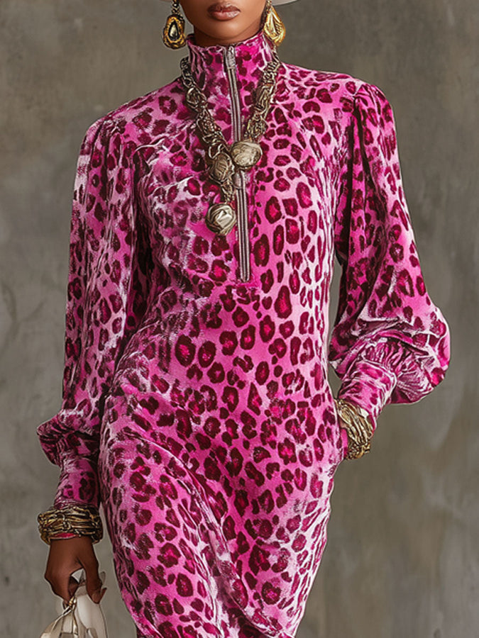Robe Midi en Velours Léopard à Manches Bouffantes et Col Montant avec Zip