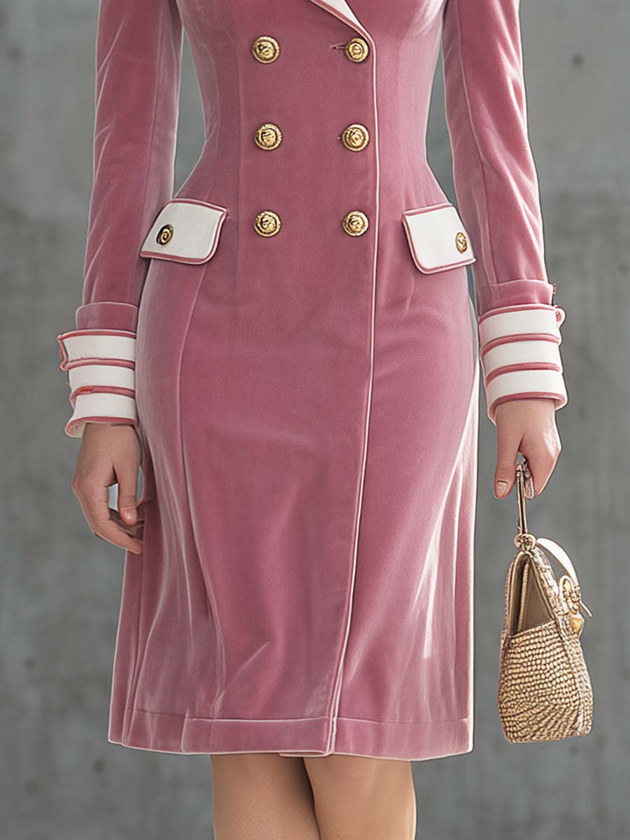 Élégante Robe Midi en Velours Rose Pâle à Double Boutonnage et Revers Contrastés - Vintage Chic