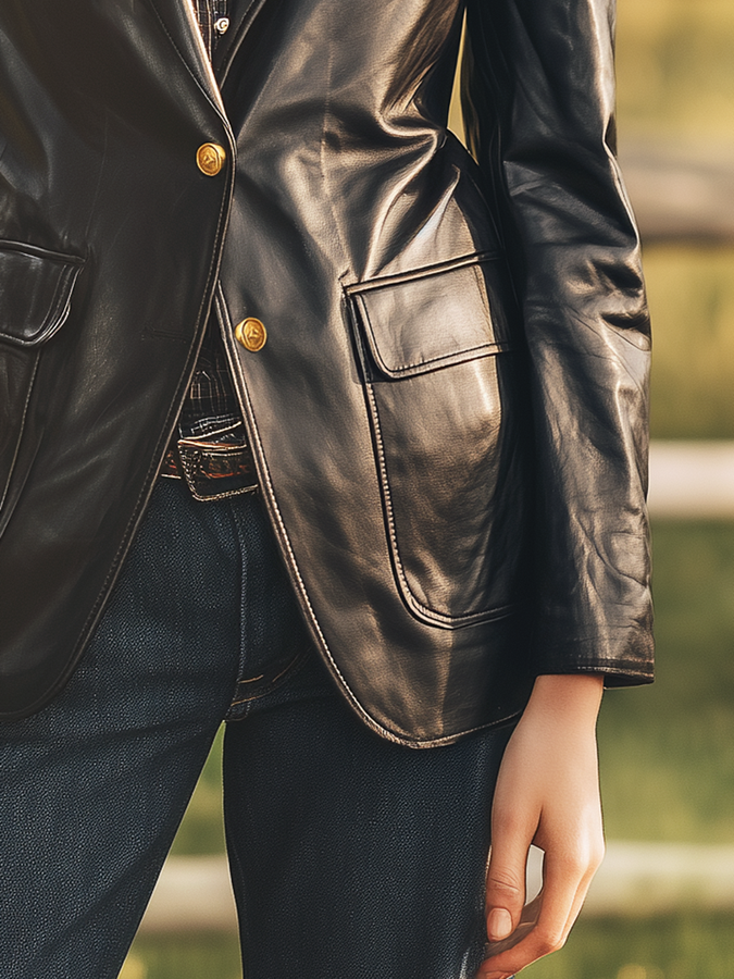 Élégant Blazer Western Rétro en Faux Cuir avec Multiples Poches