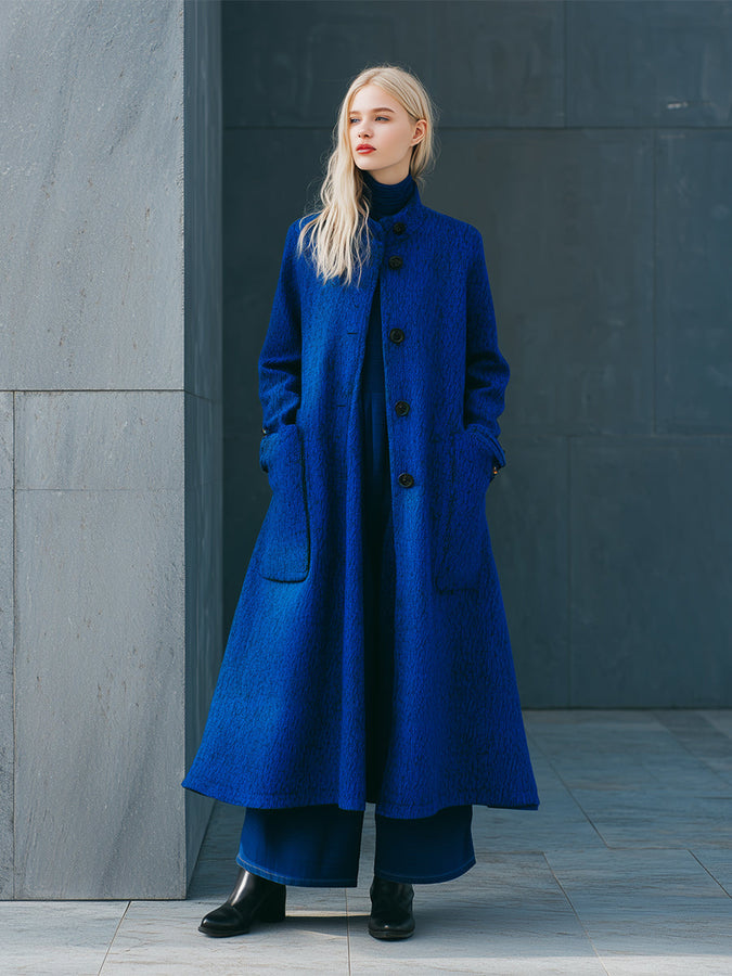 Chic Manteau Mi-Long Bleu Royal à Col Montant