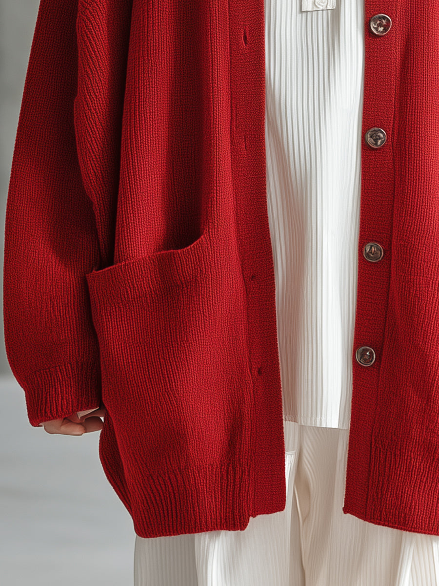 Chic Cardigan Rouge Tricoté avec Revers Élégant