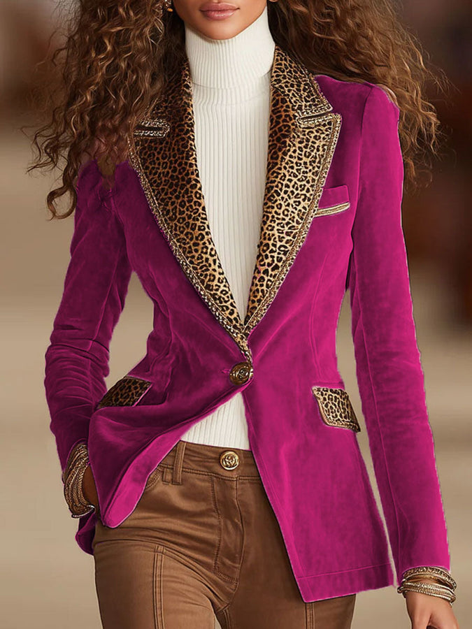 Veste en Velours Rose avec Détails en Imprimé Léopard et Fermeture à Un Bouton
