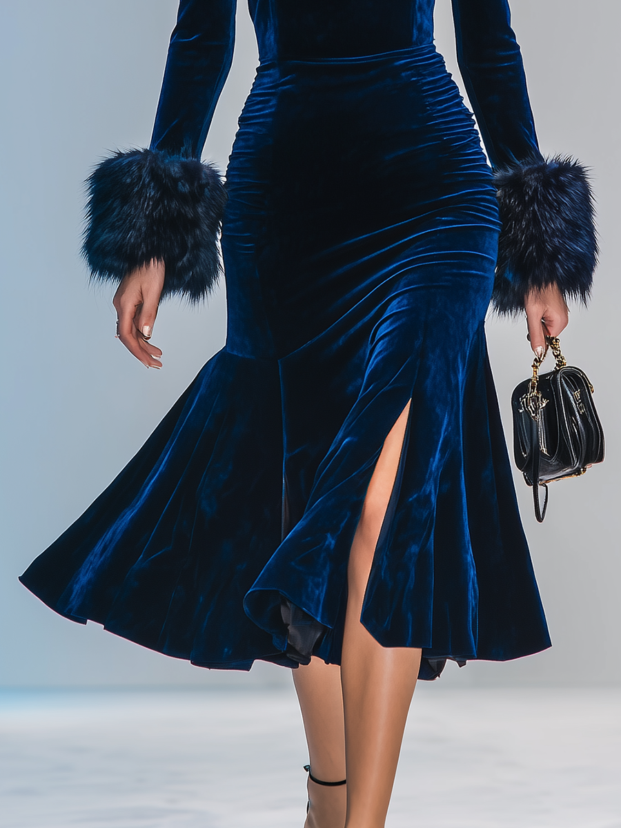 Robe Velours Chic et Séduisante à Col Montant, Manches Longues et Fente Audacieuse