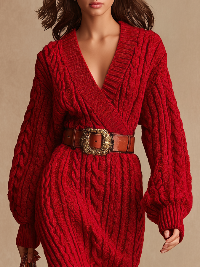 Maxi Robe en Tricot Câble à Manches Longues et Décolleté en V au Style Rétro Élégant