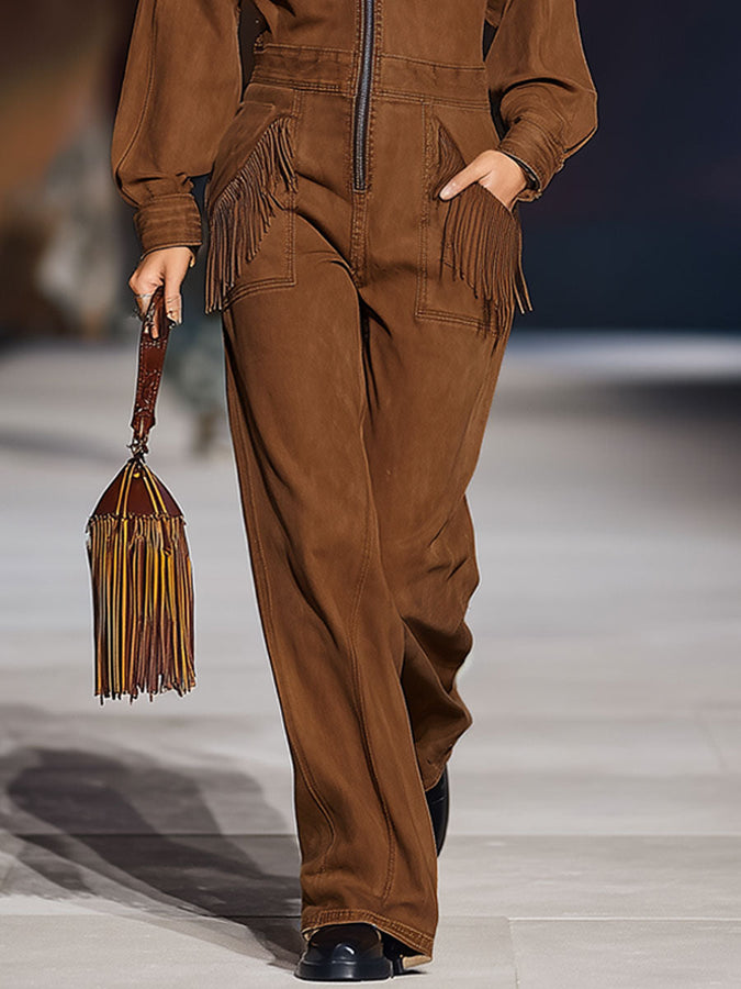 Combinaison en Denim Caramel Rétro avec Poches Frangées, Manches Longues et Jambes Amples