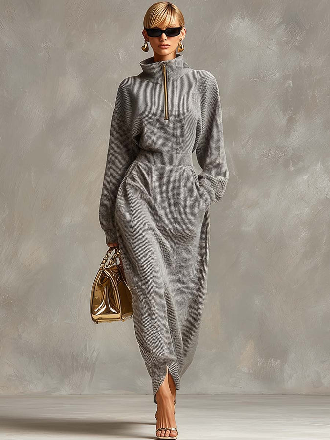 Robe Maxi Waffle Grise Clair à Zip Avant, Col Relevé et Manches Longues