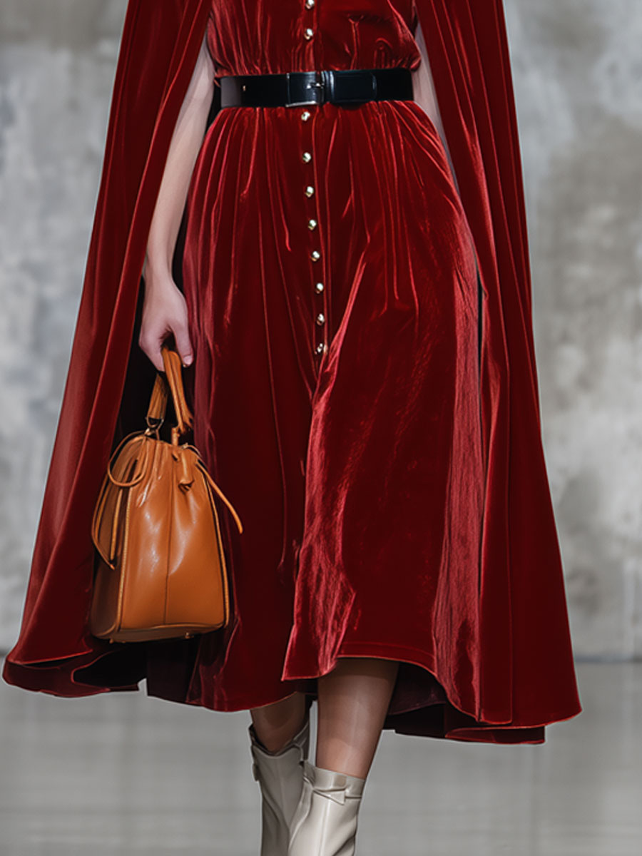Ensemble Vintage en Velours Rouge avec Robe et Cape à Capuche