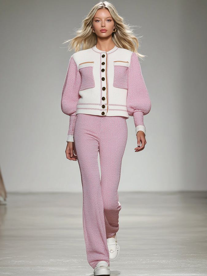 Ensemble Élégant en Tricot : Veste et Pantalon Contrastés Blanc et Rose