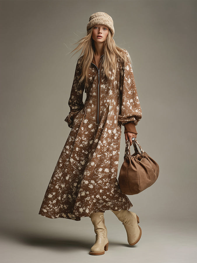 Robe Maxi Décontractée à Zip Demi-Ouvert - Imprimé Marron Rétro