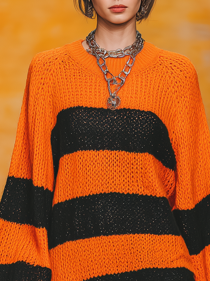 Robe Vintage à Col Rond avec Manches Lanternes et Rayures Contrastantes