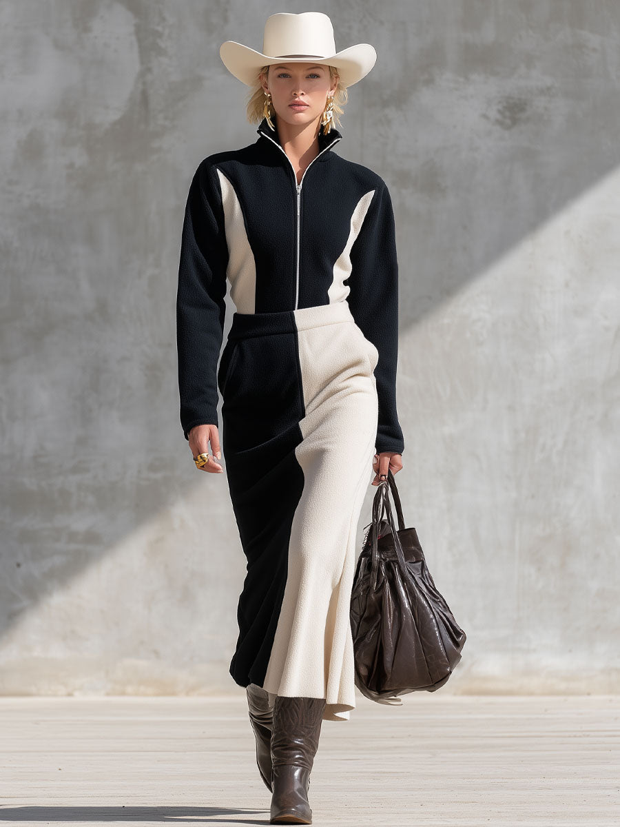 Ensemble Chic en Fleece : Haut et Jupe avec Col Contrasté et Zip
