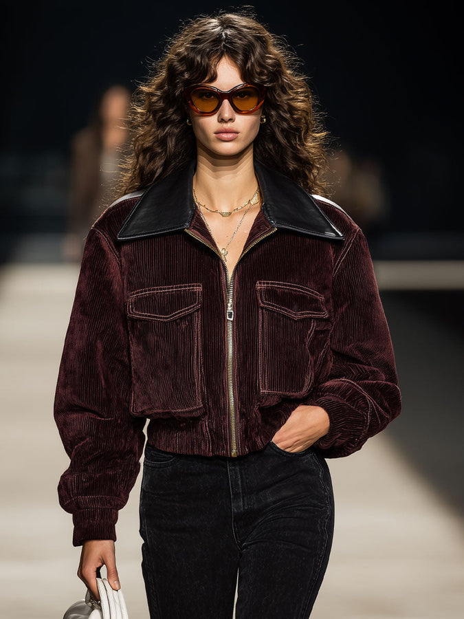 Veste zippée en simili cuir avec col carré et poches en velours côtelé
