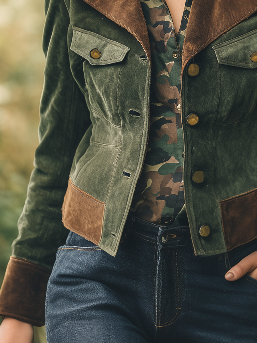 Veste Extérieure en Suède Synthétique avec Couture Contrastée au Style Rétro