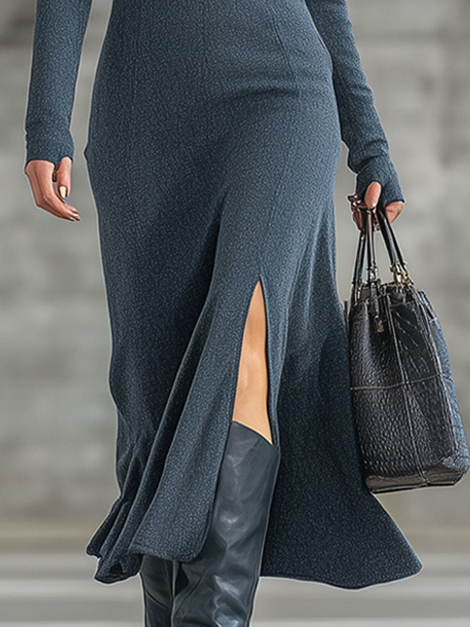Robe Midi Vintage en Velours Côtelé Bleu Foncé avec Fente et Capuche
