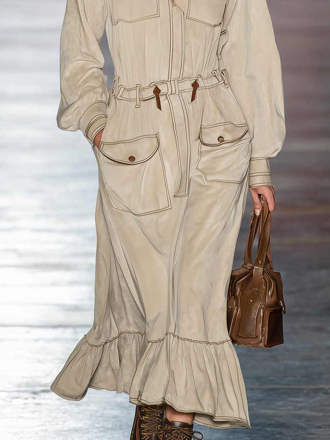 Robe Maxi Décontractée à Capuche Kaki Clair avec Coutures Apparentes et Poches Pratiques