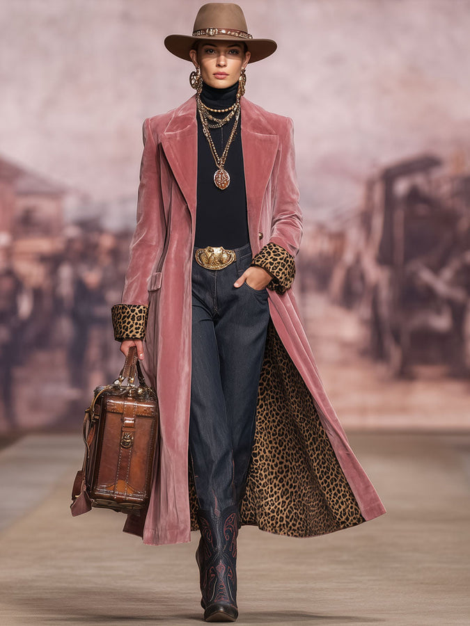 Veste en Velours à Imprimé Léopard avec Col Revers et Boutonnage Élégant