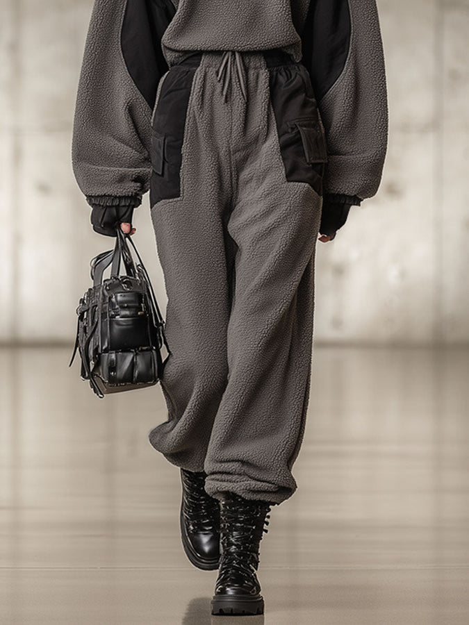 Ensemble Décontracté en Polaire Grise Vintage avec Sweat à Capuche et Pantalon