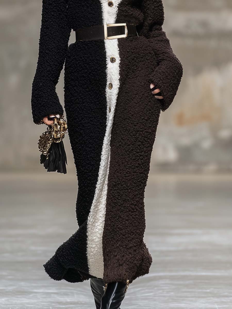 Robe Maxi en Polaire Brun Foncé avec Col V et Fermeture Contrastée - Élégance Rétro