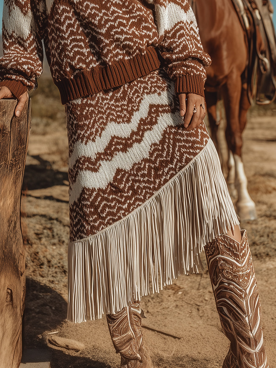 Ensemble Western Rétro : Pull Zigzag et Jupe Frangée