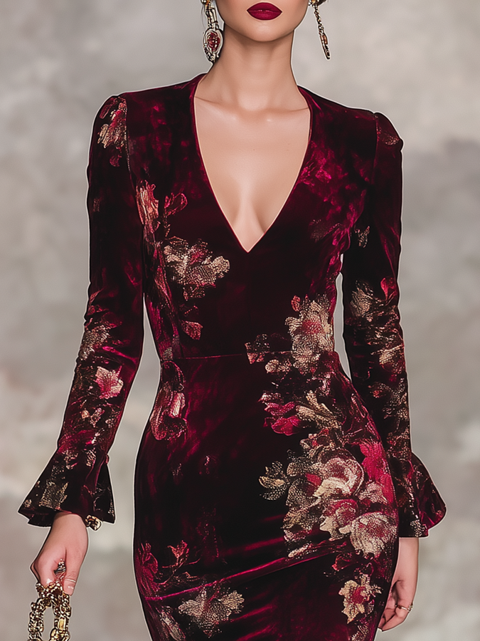 Robe Maxi Vintage en Velours Floral à Manches Longues et Décolleté en V