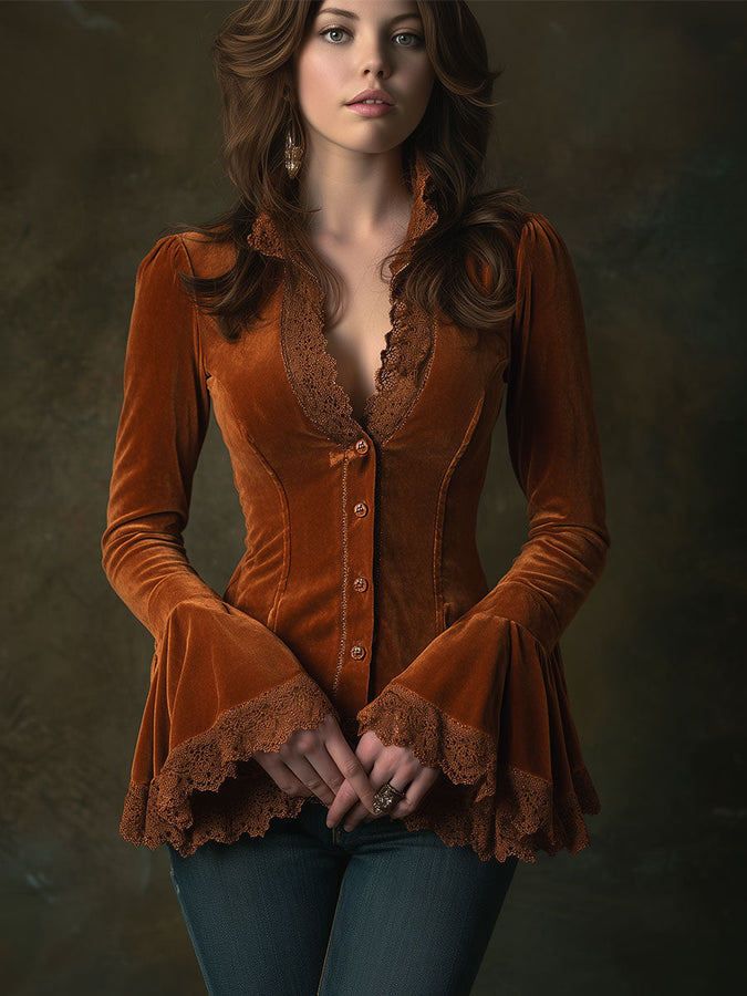 Chemise Longue en Velours Caramel Marron avec Col en V et Détails en Dentelle
