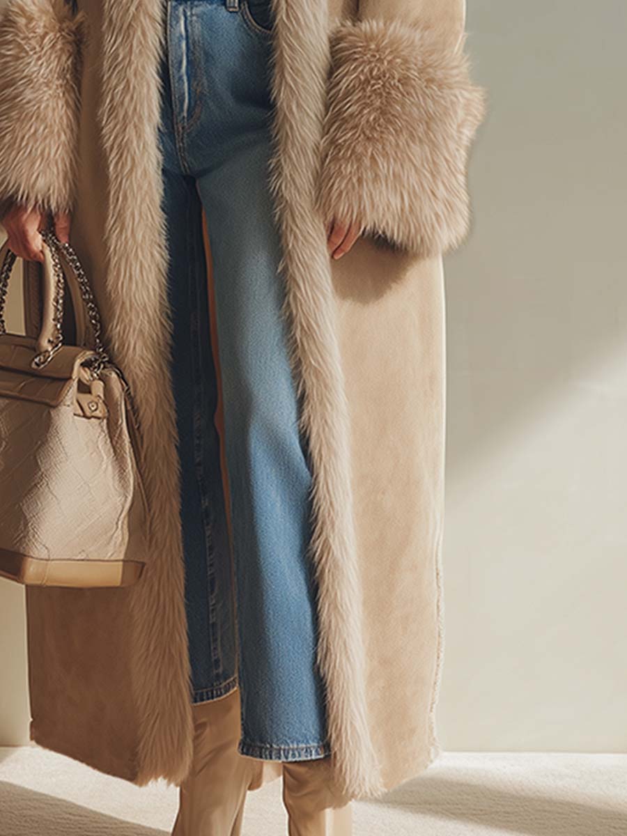 Longue Manteau en Fausse Suède avec Élégante Bordure en Fausse Fourrure - Luxe Abricot Doublé en Polaire