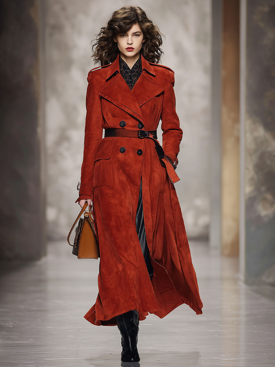 Trench en faux suède à double boutonnage avec poches doubles et silhouette oversized