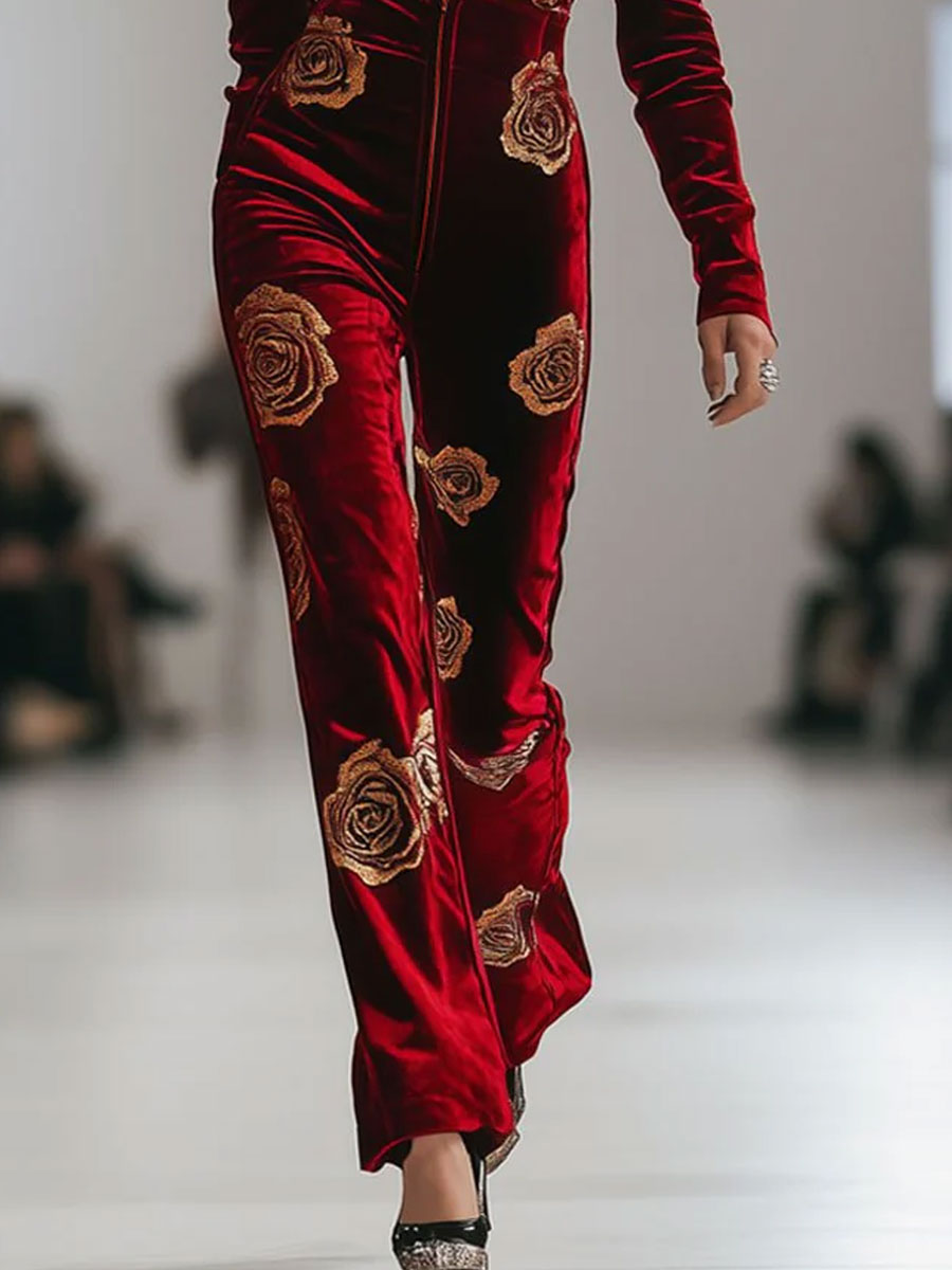 Expédition rapide en 24h : Salopette en velours rouge rétro avec impression de roses dorées et zip, style décontracté