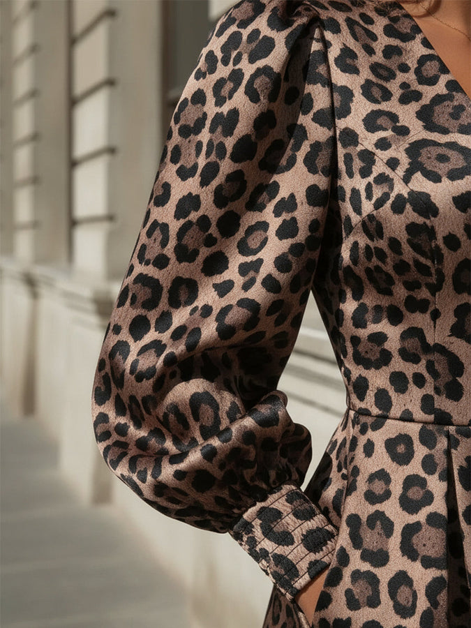 Robe Maxi Vintage à Col V avec Imprimé Léopard et Fermeture Éclair