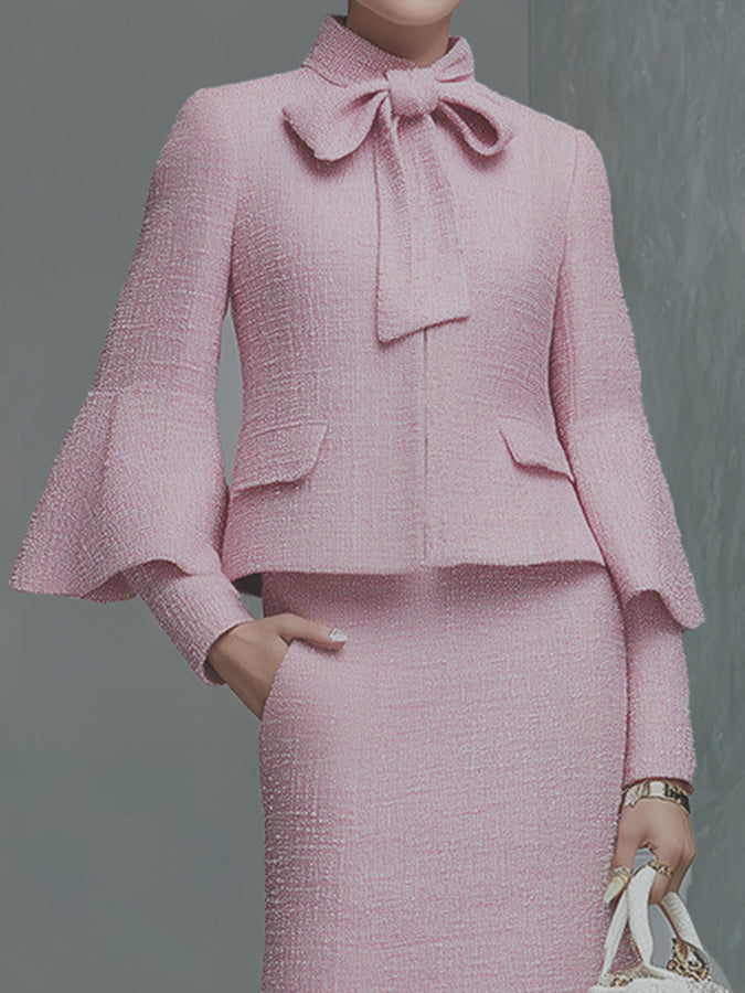 Ensemble Chic en Tweed : Veste à Manches Trompette et Jupe Élégante avec Nœud