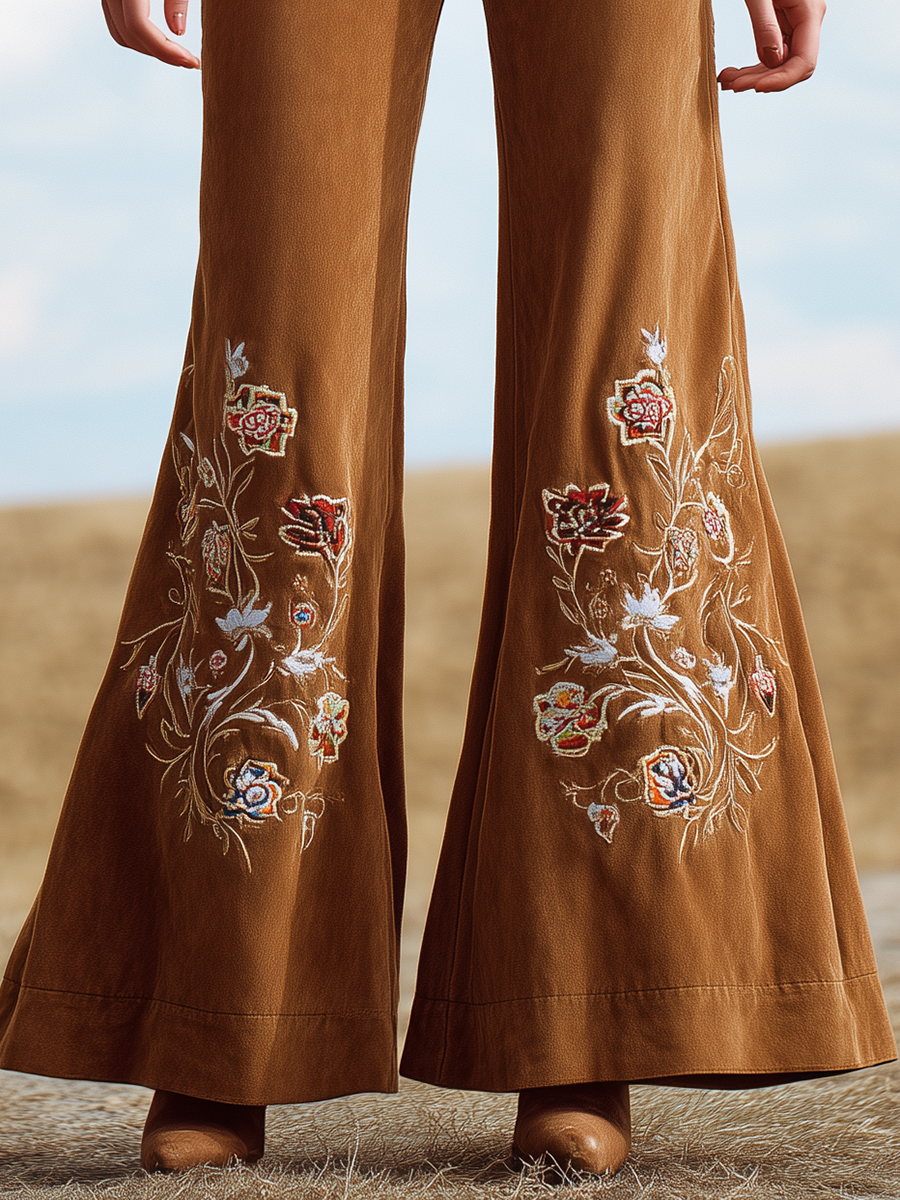 Vintage Floral Embroidered Suede Flared Pants