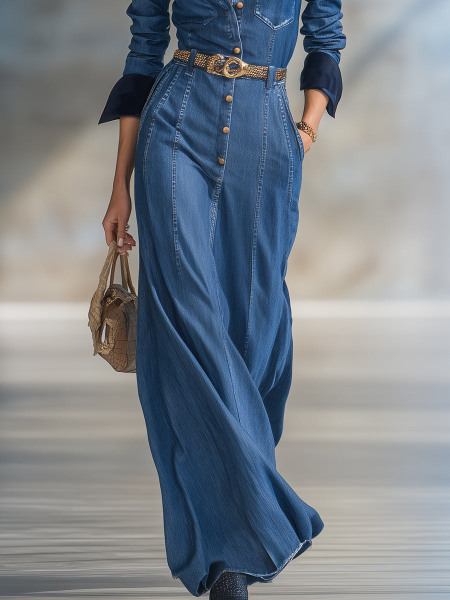Élégante Robe Maxi en Jean Bleu au Style Rétro