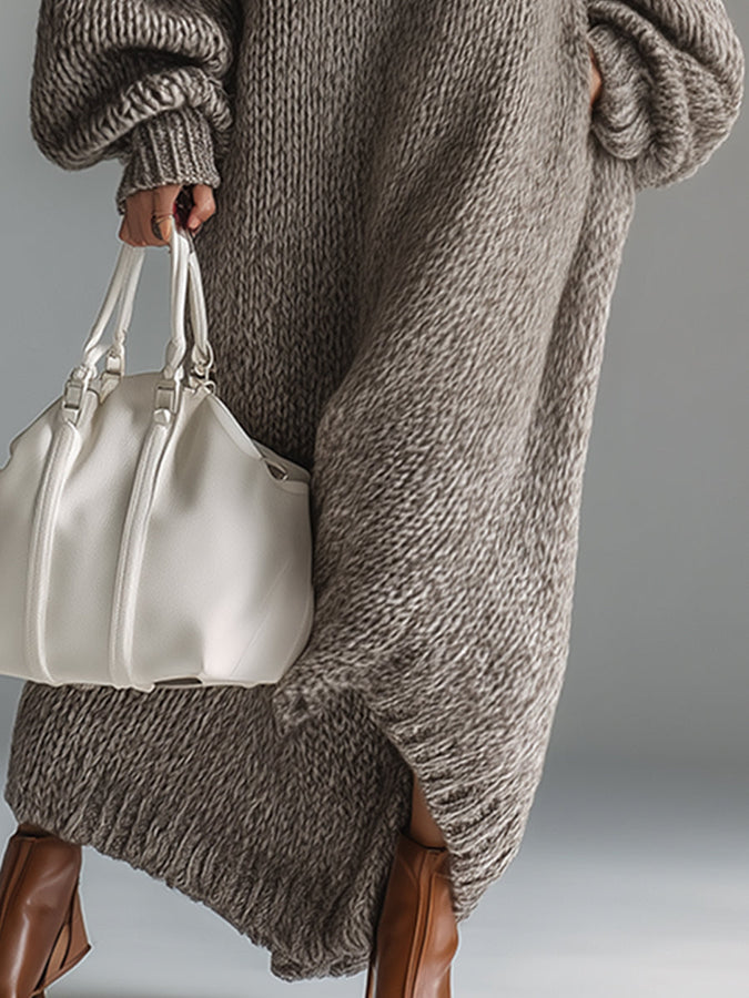 Robe Maxi Tricotée Khaki: Élégance Urbaine au Col Rond