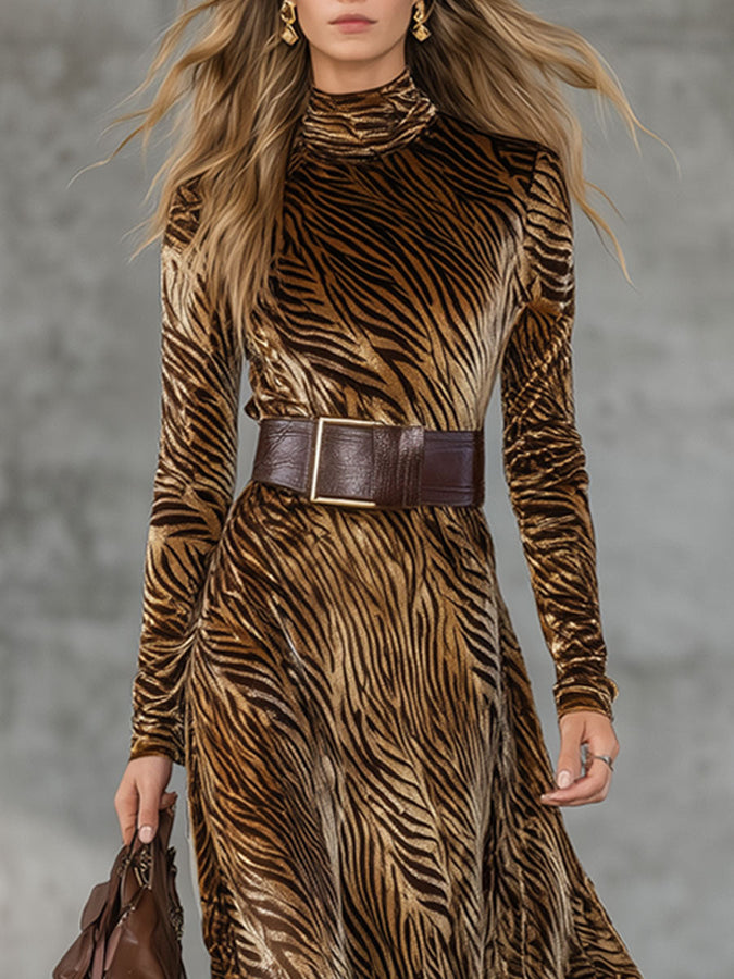 Robe Maxi Velours Doré Imprimé Zèbre avec Lacets - Style Western Rétro