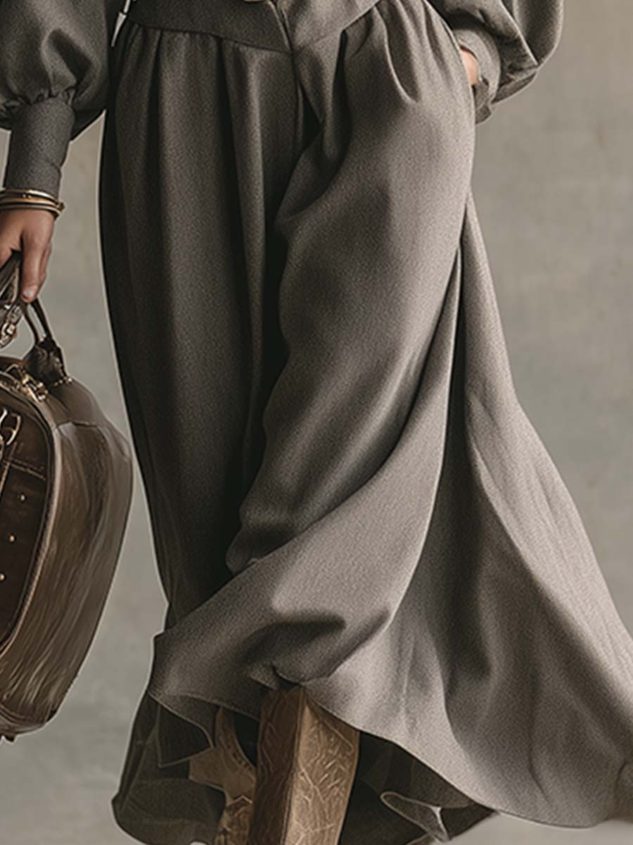 Maxi Robe en Laine Grise : Élégance et Sophistication avec Col Revers