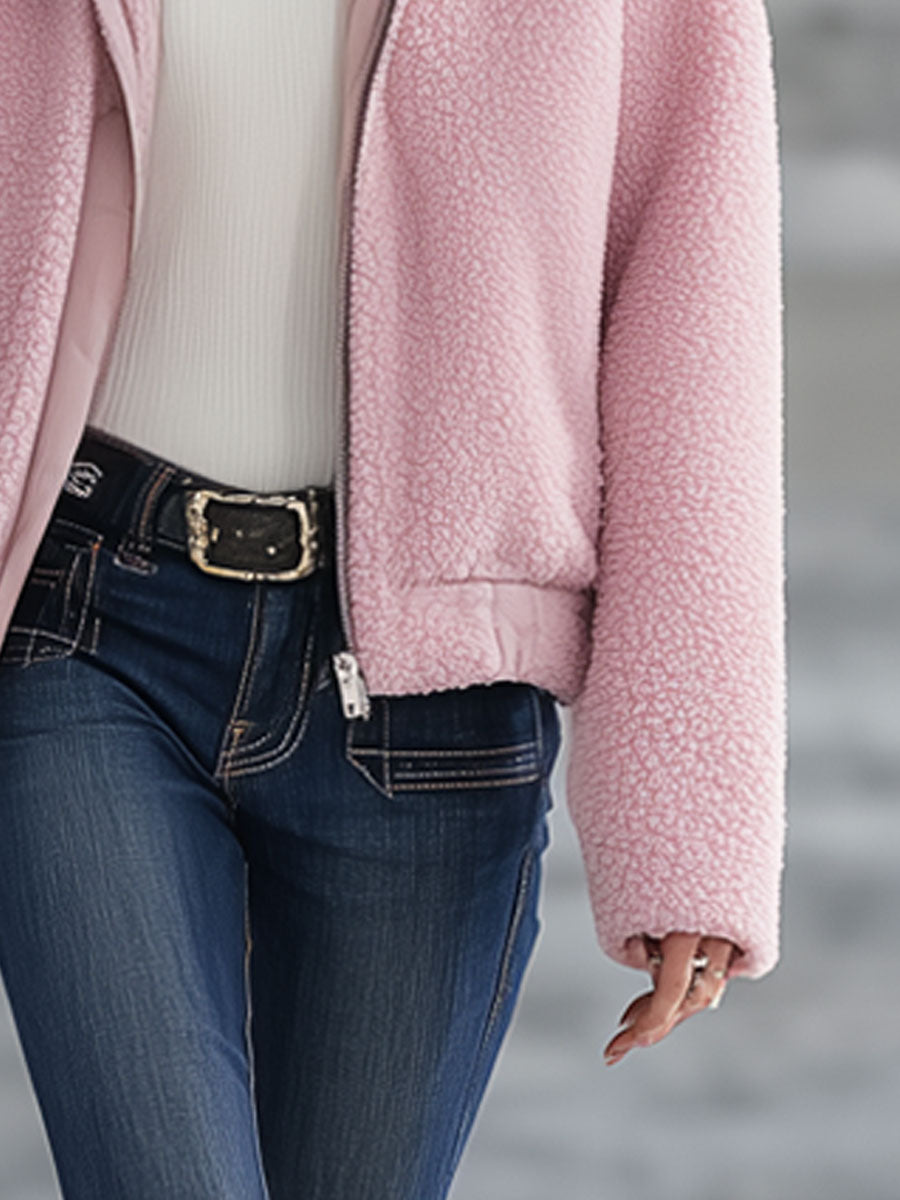 Veste polaire rétro à capuche zippée en rose