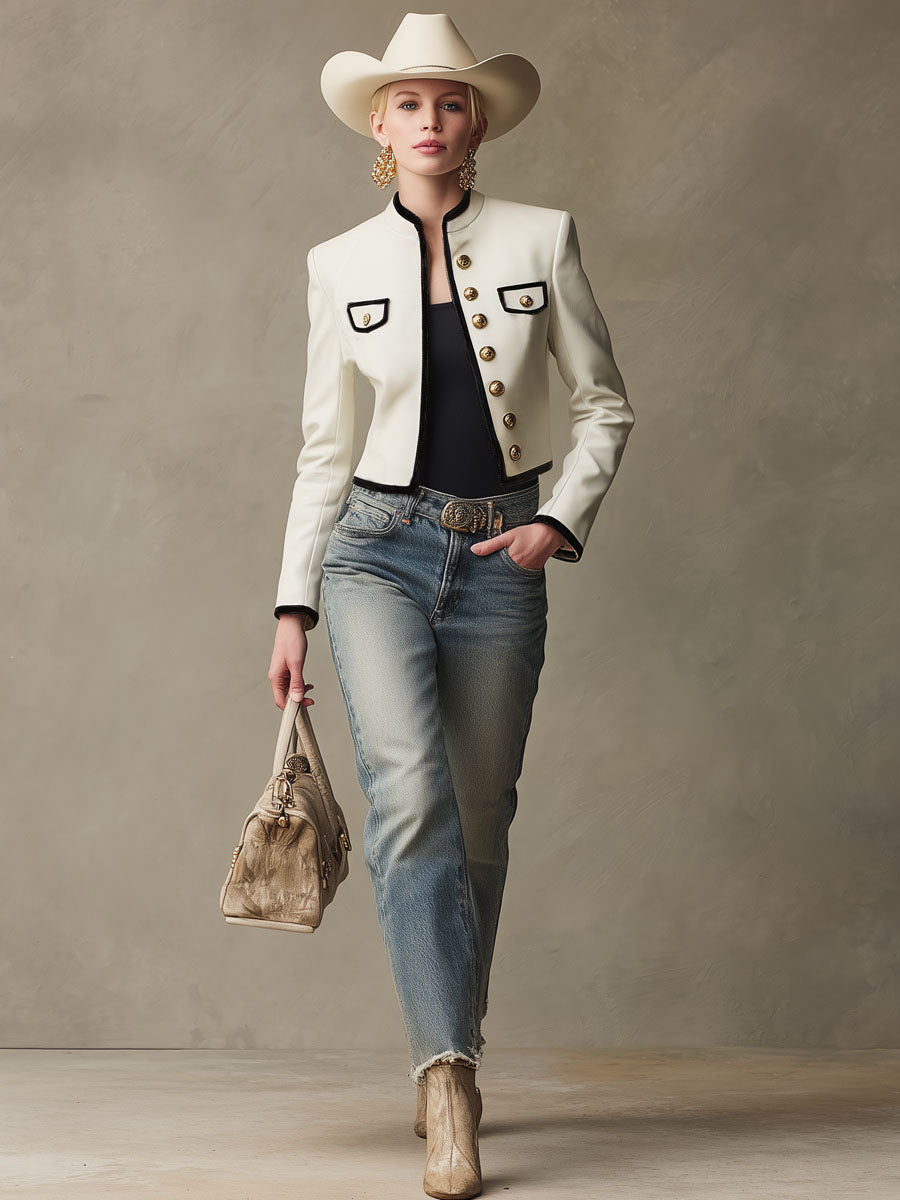 Veste en PU à Col Montant et Boutons Contrastants