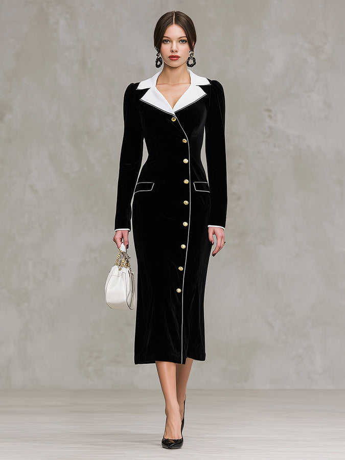 Maxi Velour Robe Noir avec Col Blanc Élégant et Détails Contrastants