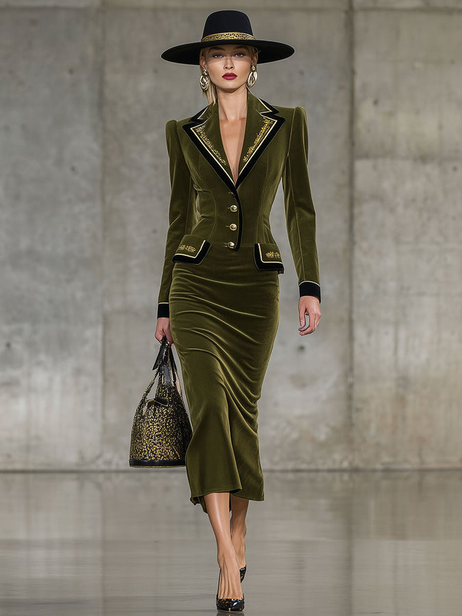 Robe Midi Rétro en Velours Vert avec Col Élégant