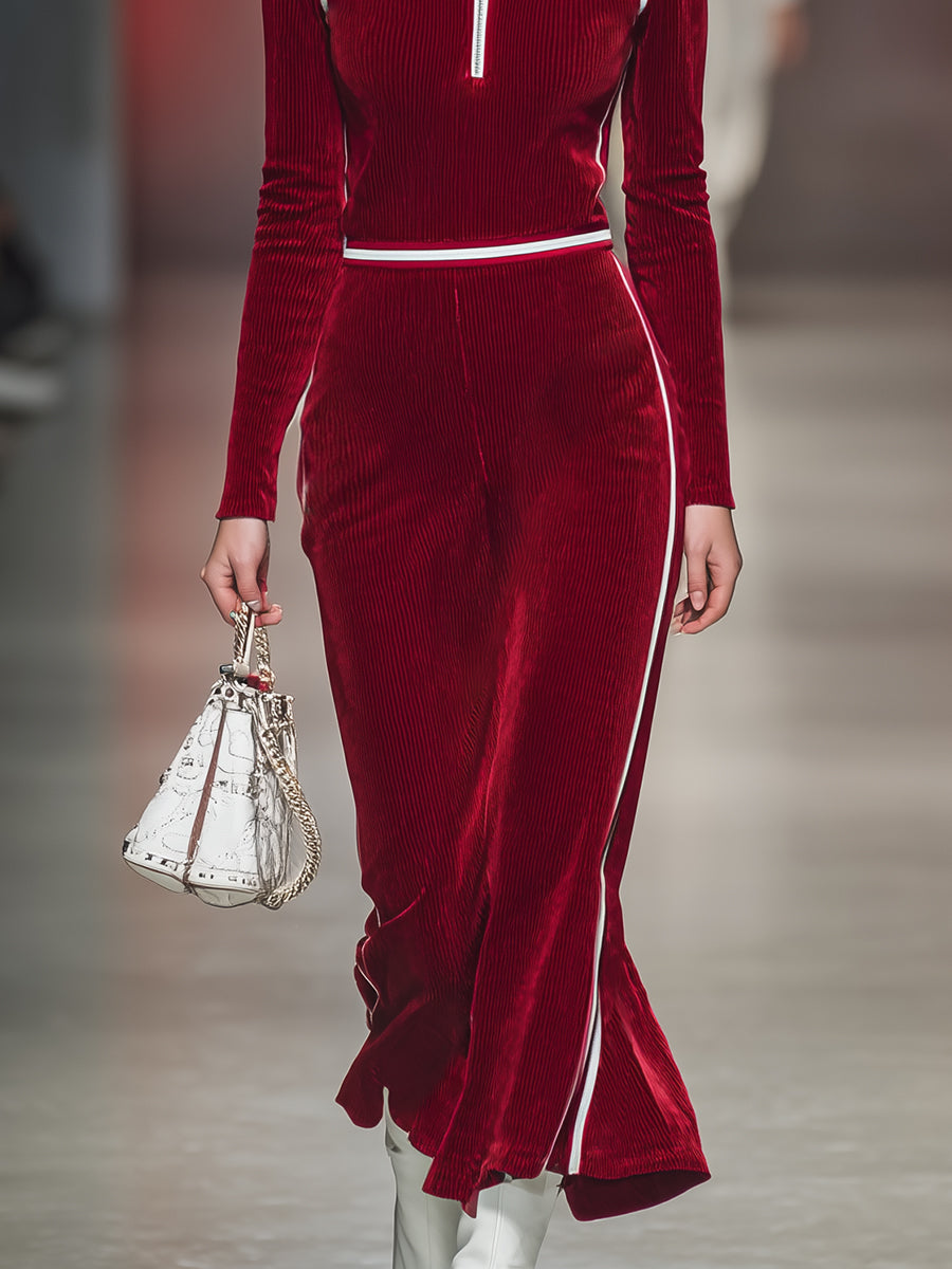 Robe Midi Rétro en Velours Côtelé Rouge avec Col Montant et Demi-Zip