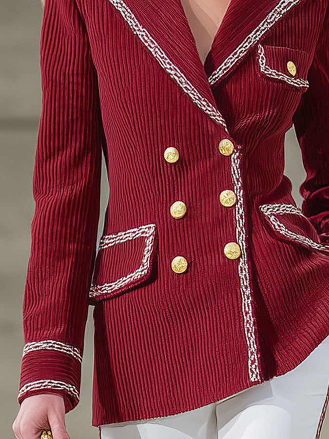 Blazer en velours côtelé décontracté à double boutonnage avec bord contrasté