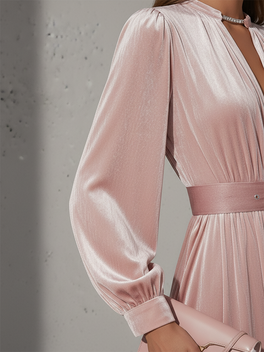 Robe Maxi en Velours Chic Rétro avec Col Rond et Manches Longues