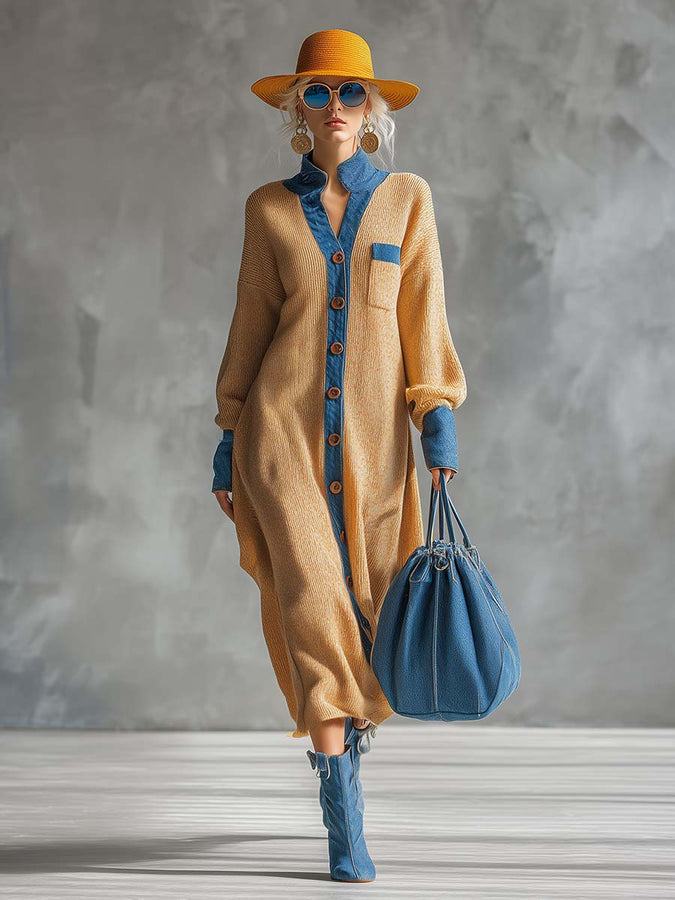 Robe Maxi Tricotée Style Cardigan avec Éléments en Denim - Teinte Gingembre