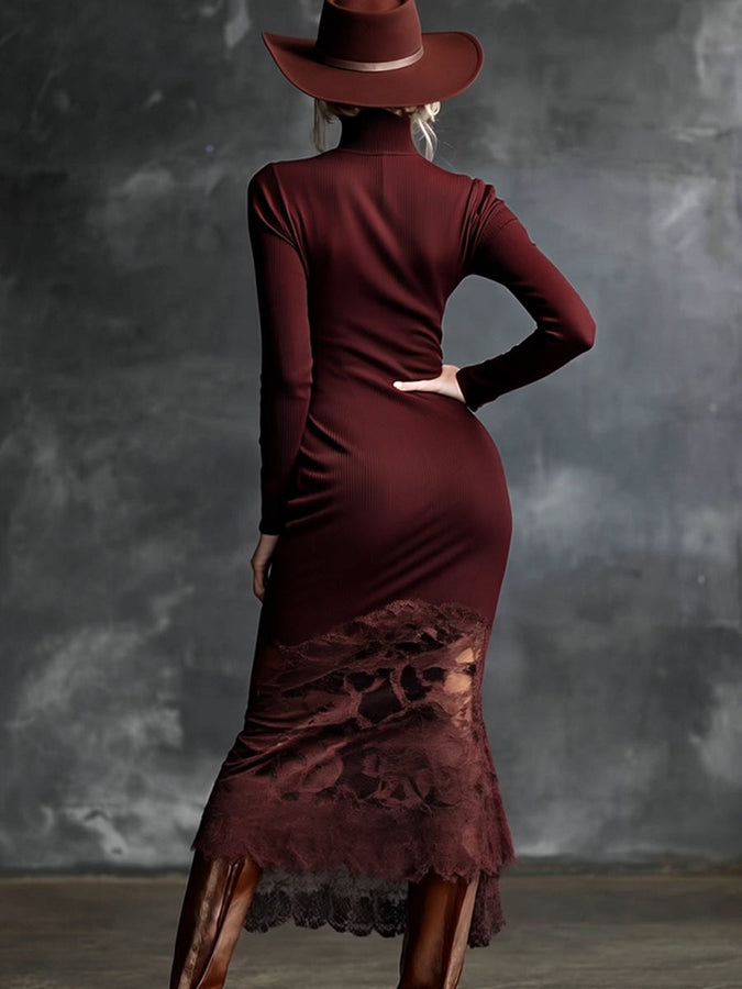 Maxi Robe Tricotée Bordeaux avec Col Montant et Ourlet en Dentelle Élégante