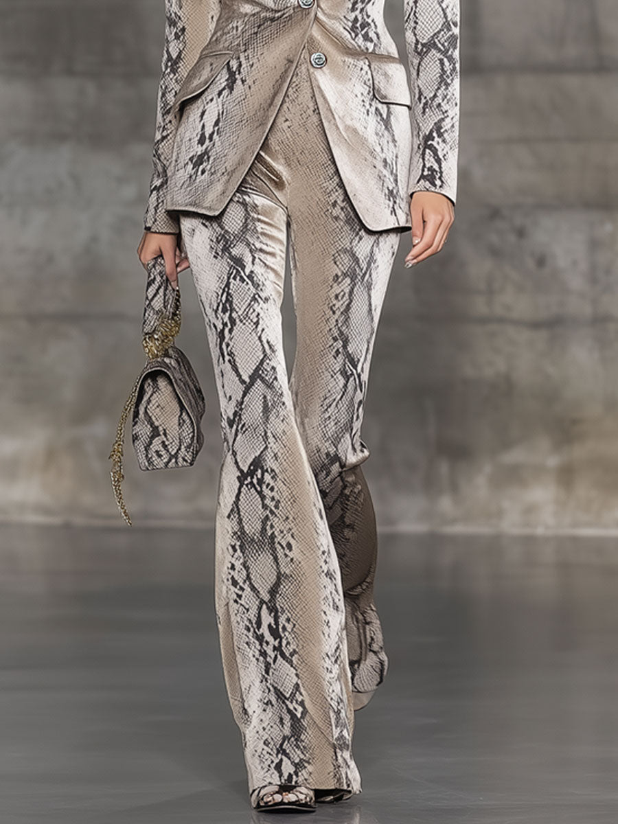 Ensemble Chic en Velours Serpent Gris avec Pantalons Évasés Rétro